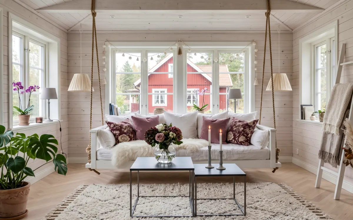 Cottagecore home room featuring a white swinging daybed with mauve pillows and rope suspension.