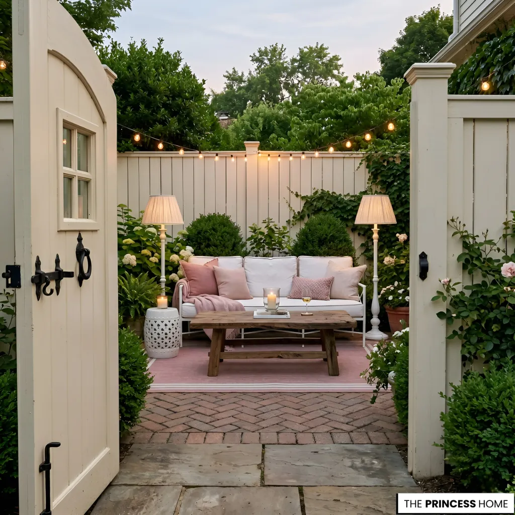 Cozy cottage patio with a white sofa, pink pillows, wooden coffee table, string lights, and floor lamps.