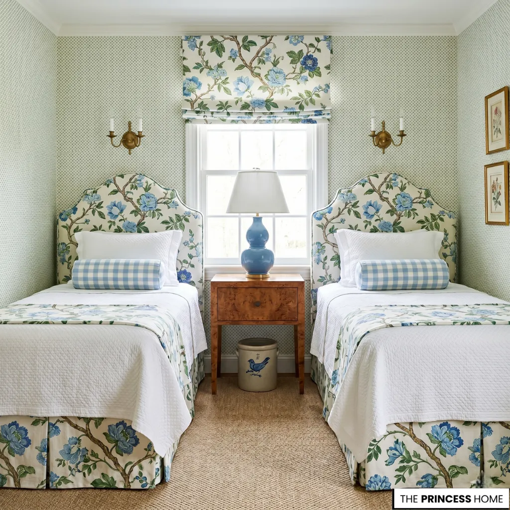 A serene cottage bedroom featuring a flax-linen headboard, layered floral textiles, and soft natural lighting.