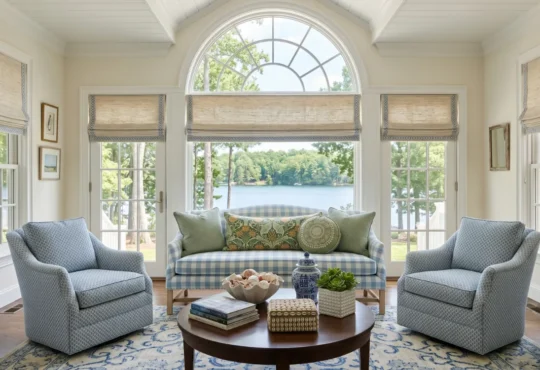 A cottage style living room with a blue checkered sofa near a large arched window overlooking a lake.