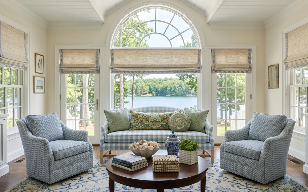 A cottage style living room with a blue checkered sofa near a large arched window overlooking a lake.