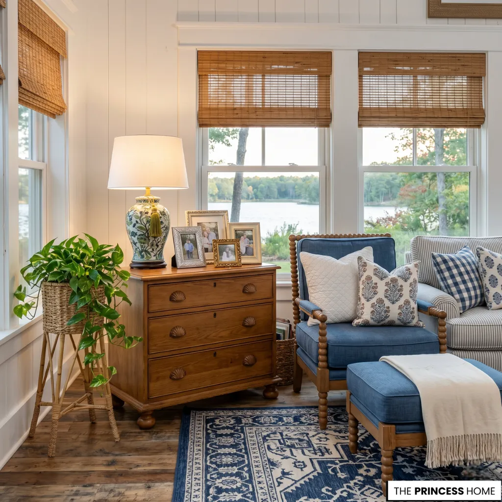 A cottage style vignette with a wood dresser, porcelain lamp, framed photos, and a blue armchair by a window.