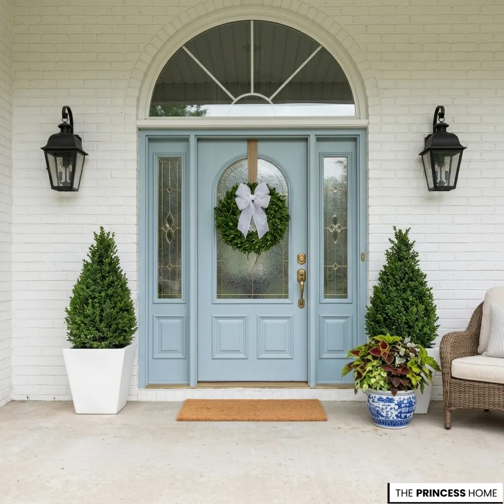  A cottage front entrance with a dusty blue door, a green wreath, white brick walls, and potted topiaries