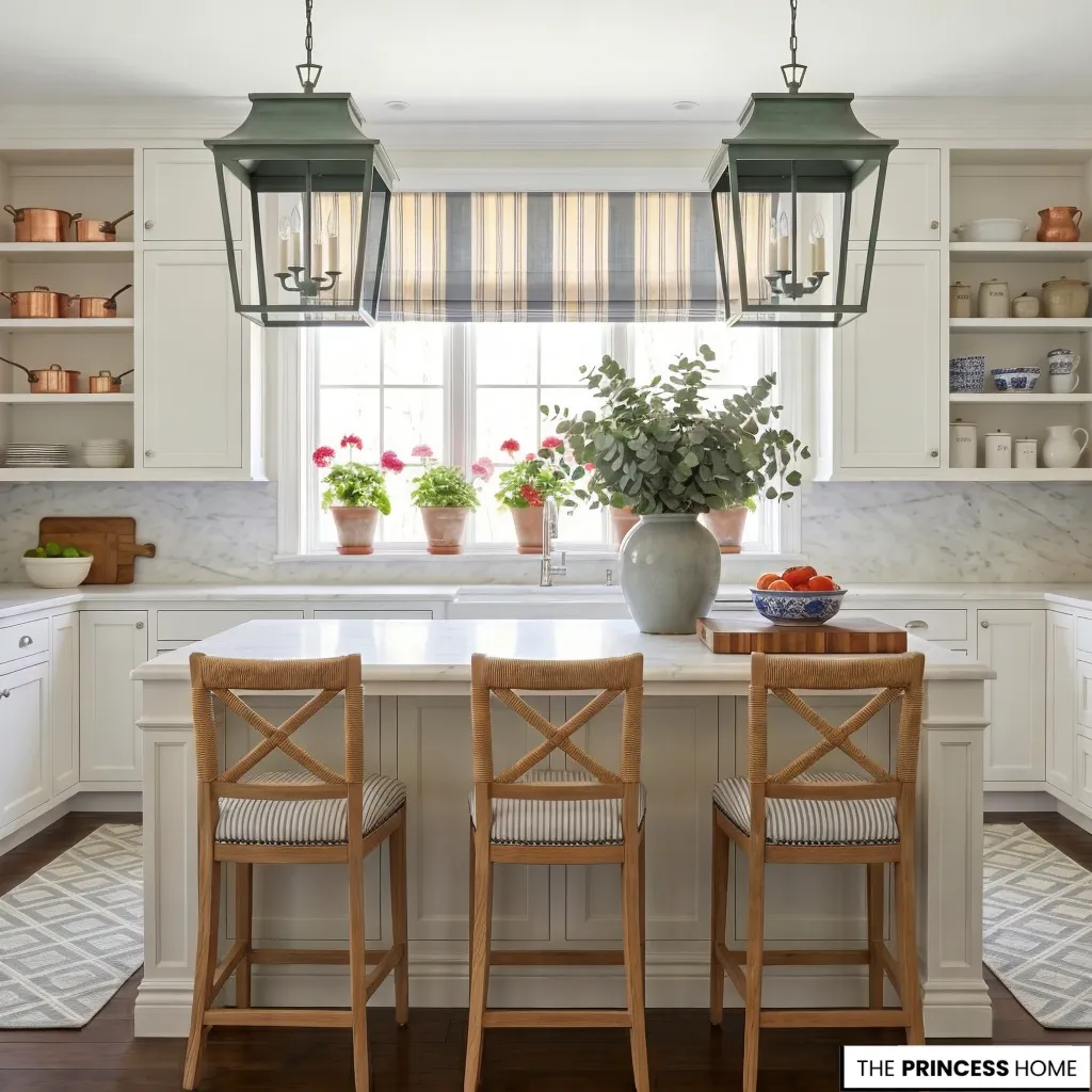 A rustic cottage kitchen with white cabinetry, a marble island, copper cookware, and potted geraniums by a window.