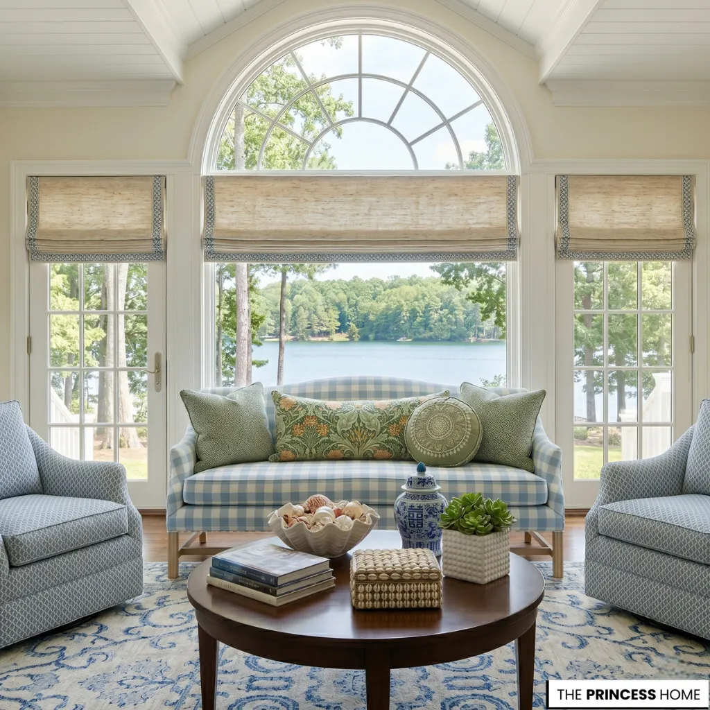 A sunny cottage style living room featuring a blue checkered sofa and elegant rustic decor.