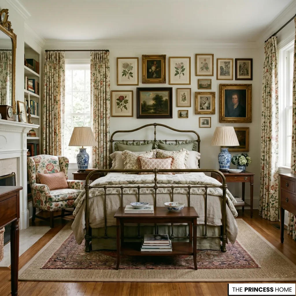 A grandmillennial bedroom with layered textiles, vintage bed frame, and soft botanical curtains in warm natural light.