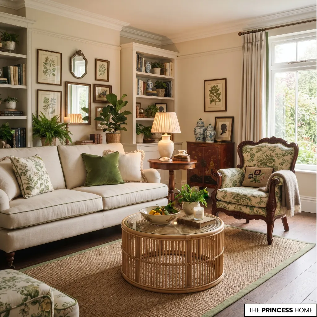 Grandmillennial living room with traditional upholstered seating, classic wood furniture, and one distinctive vintage piece
