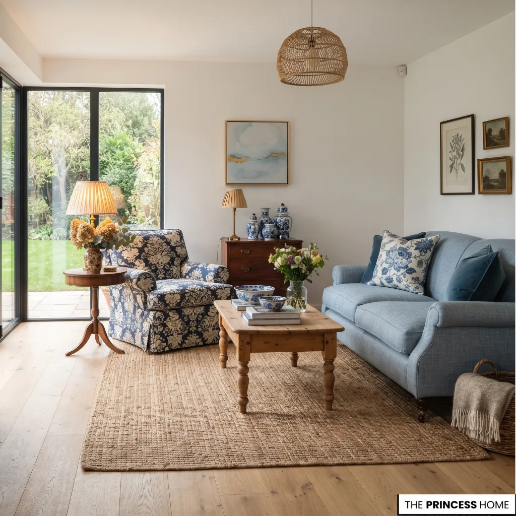 Grandmillennial living room adapted to a contemporary home with traditional furniture and selected patterns
