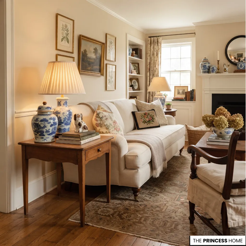 Grandmillennial room with pleated lampshade, blue-and-white ceramics, books, and selected collected objects
