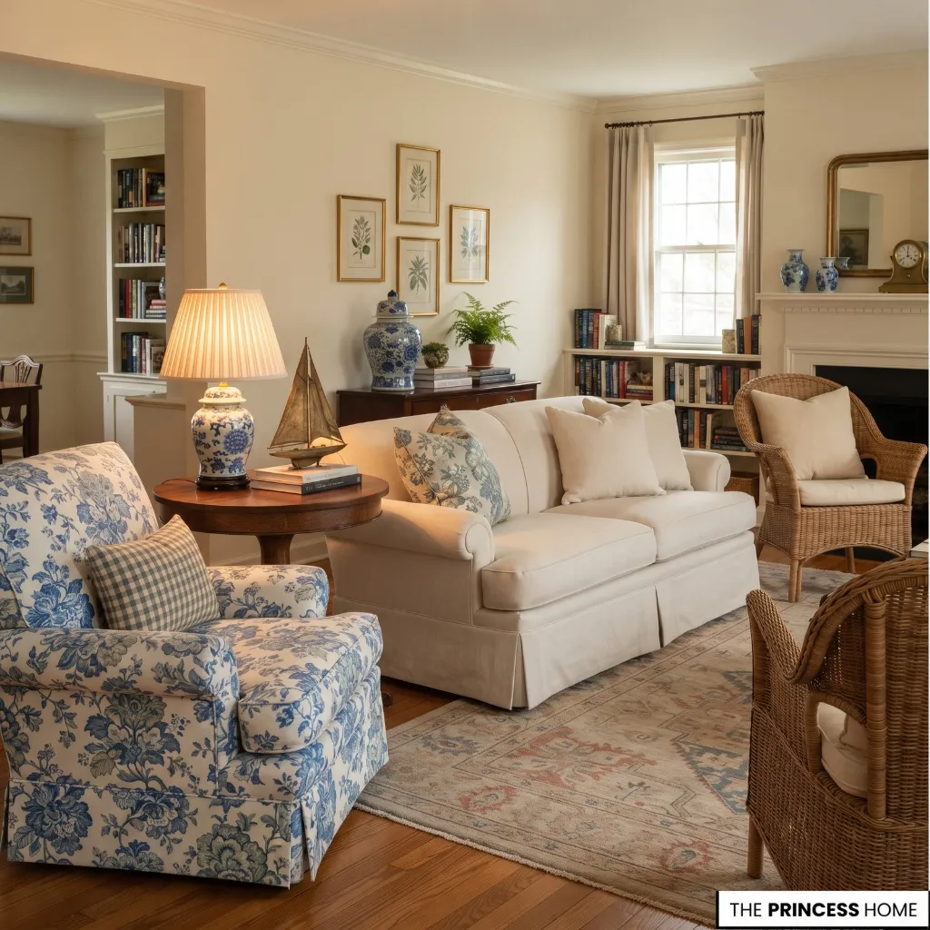 Grandmillennial interior with controlled patterns, edited collectibles, and balanced traditional details