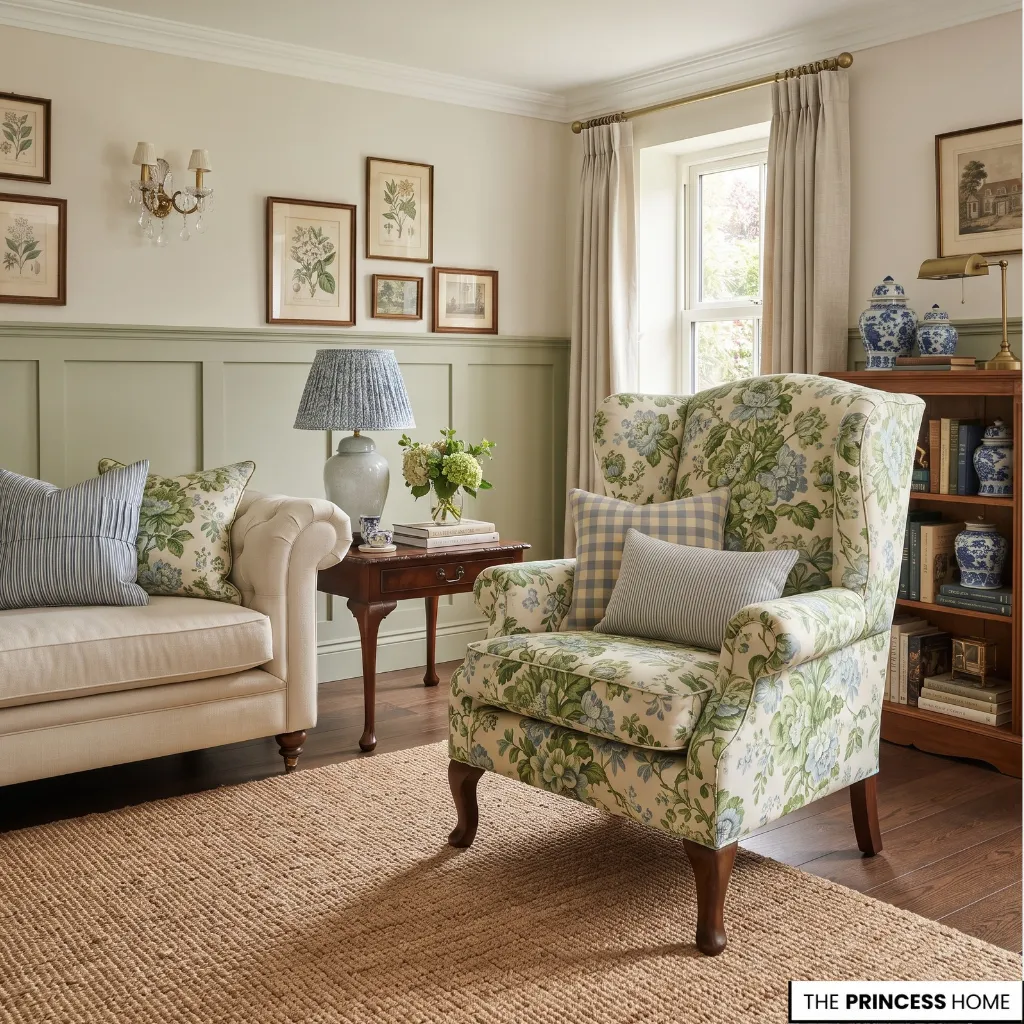Grandmillennial seating area combining a large floral pattern with smaller checks, stripes, and solid textiles