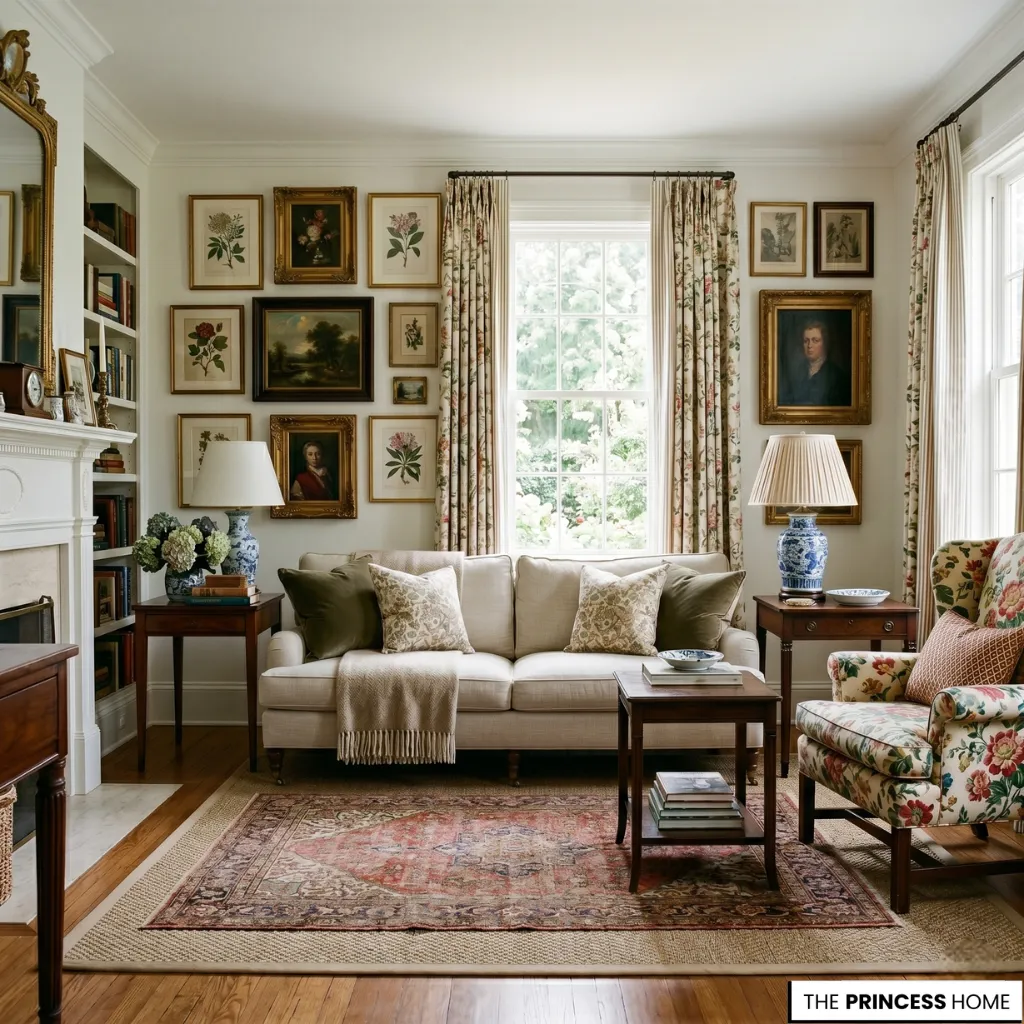A grandmillennial style living room with vintage floral chairs, antique wood furniture, and warm layered lighting.