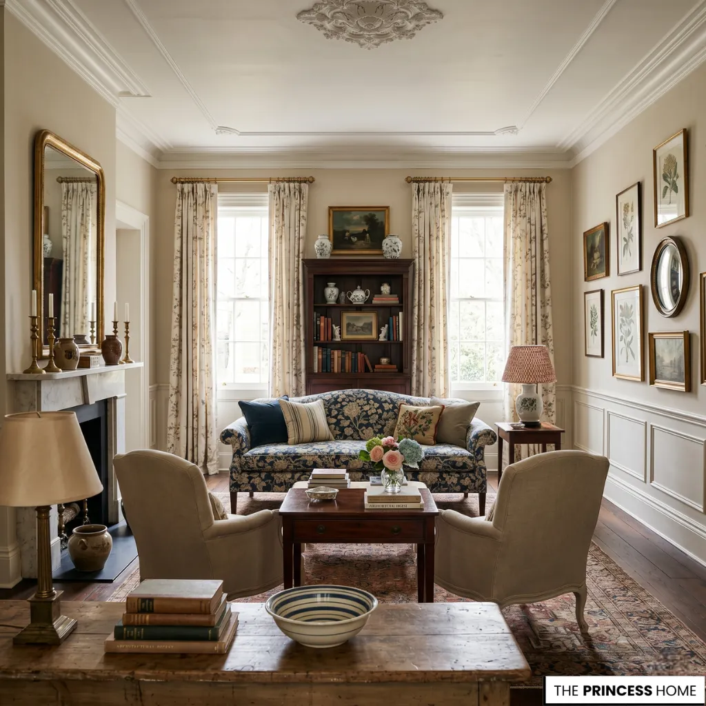 An elegant grandmillennial living room blending vintage furniture and floral textiles with modern warmth in a soft, natural palette.