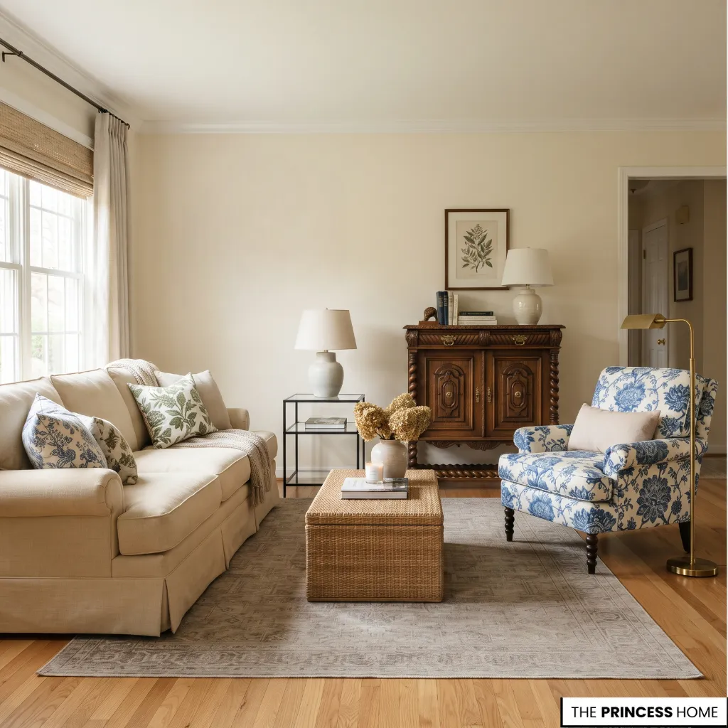 Grandmillennial living room combining traditional furniture with clean-lined contemporary pieces