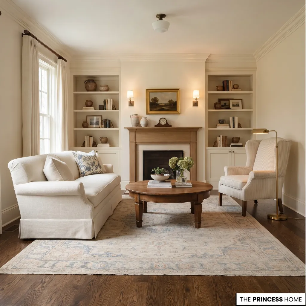 A symmetrical traditional living room features a wooden fireplace flanked by built-in bookshelves,