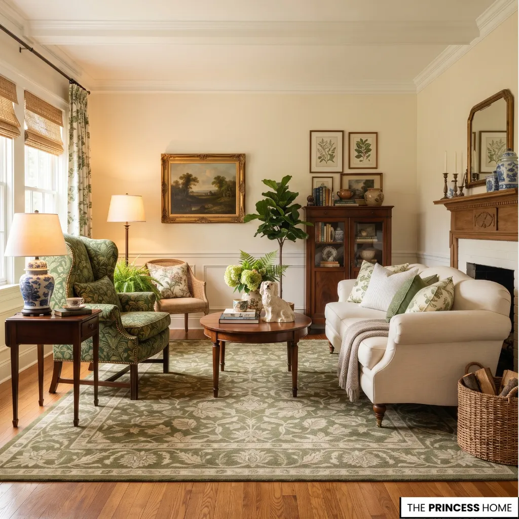 A traditional living room features a green patterned area rug, a green floral wingback armchair,