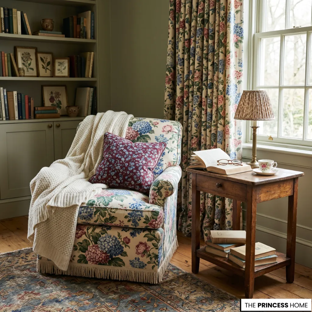 A grandmillennial style interior with layered patterns, floral fabrics, and antique furniture under soft natural light