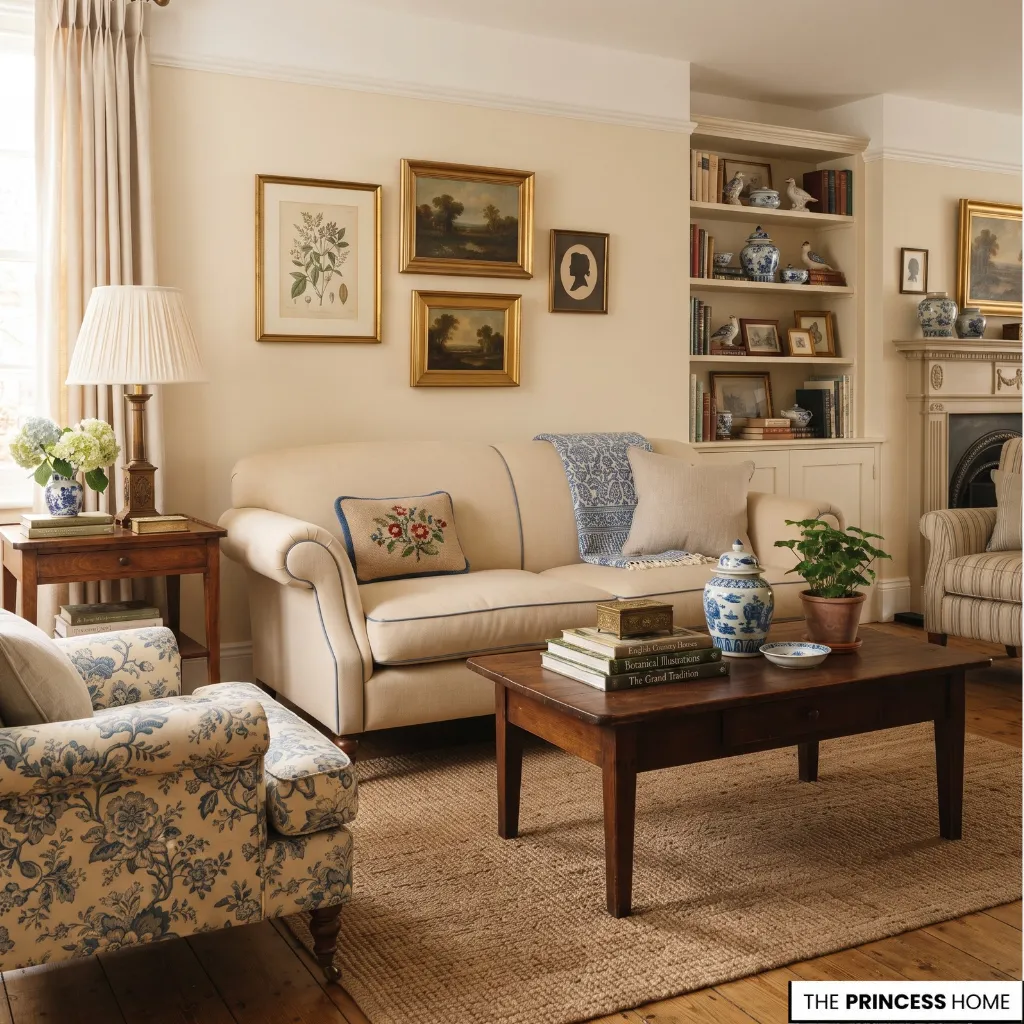 A charming Grandmillennial living room features a cream sofa with blue-and-white accents