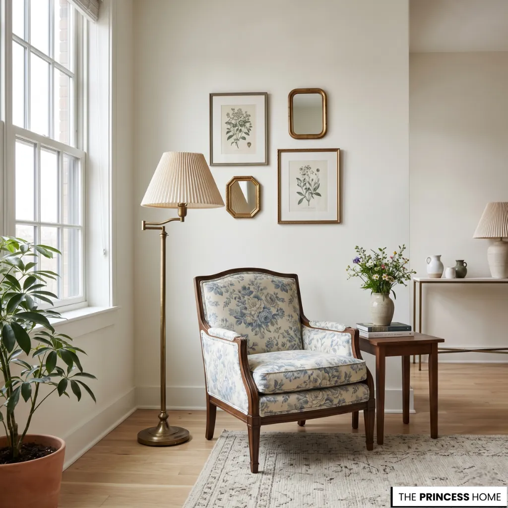 A grandmillennial style modern apartment with vintage accents and soft natural daylight