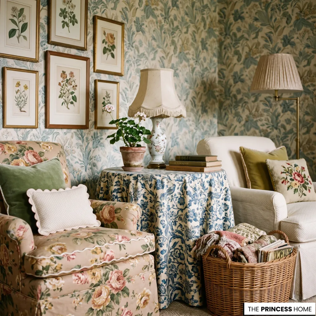 A grandmillennial style room with floral patterns, woven textures, and warm nostalgic lighting