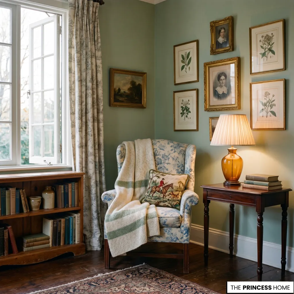 A grandmillennial style reading corner with warm lighting, textured fabrics, and cozy armchair