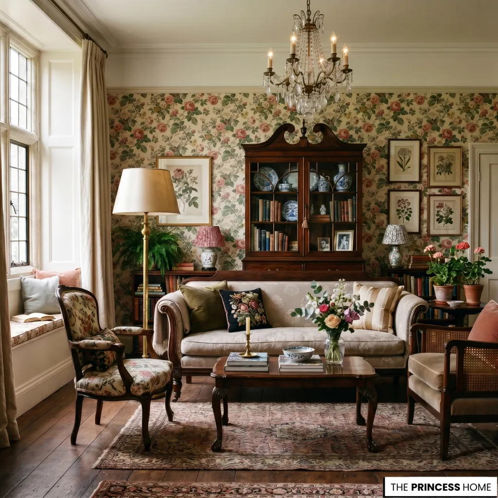 A grandmillennial style living room with floral wallpaper, antique wood furniture, and warm natural lighting