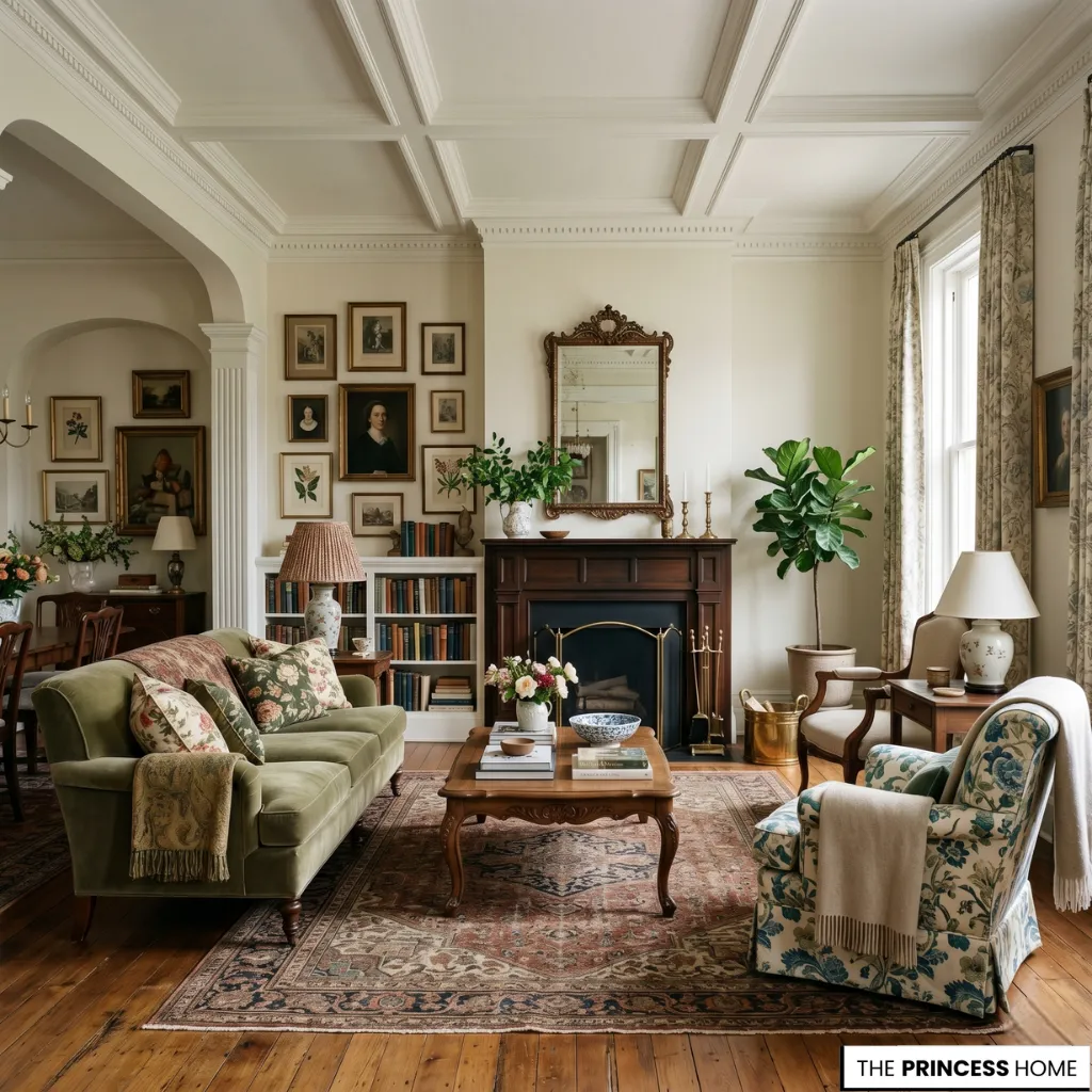A grandmillennial style interior blending vintage and modern elements with warm timeless lighting