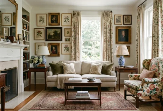 Grandmillennial style living room with warm traditional interiors and floral armchair