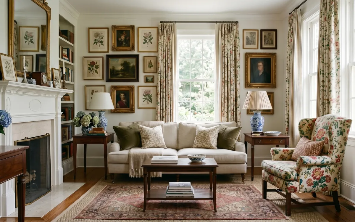 Grandmillennial style living room with warm traditional interiors and floral armchair