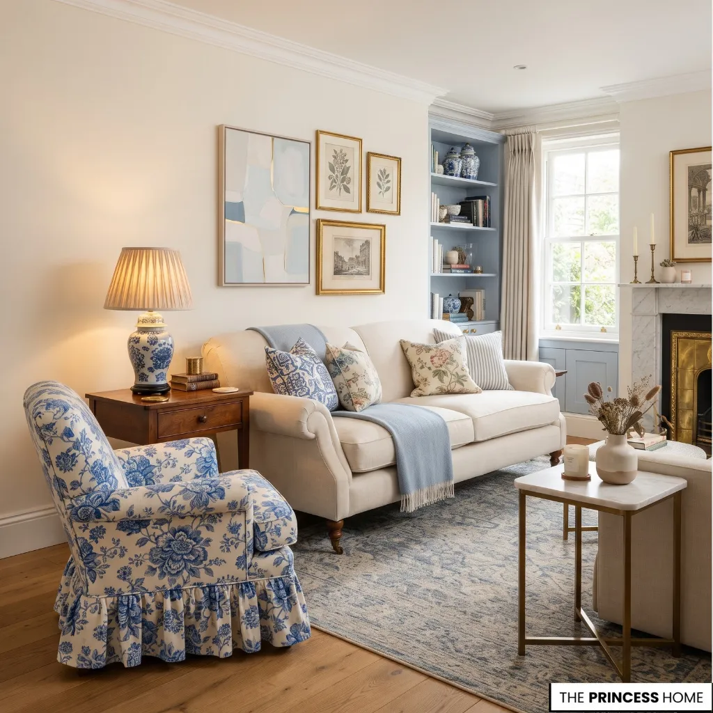 Grandmillennial room combining traditional furniture, floral pattern, collected details, and contemporary accents