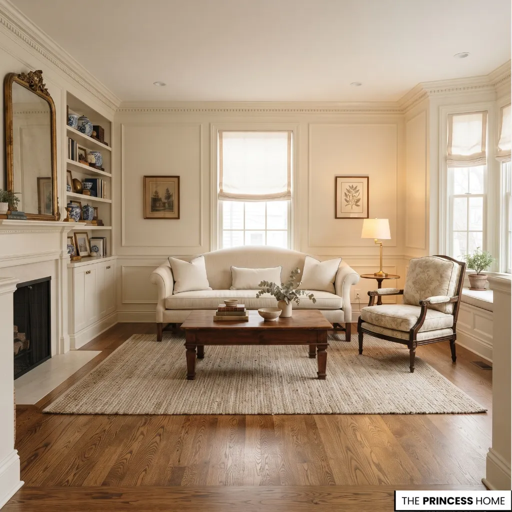Grandmillennial room with traditional architecture, major furniture, wood flooring, and restrained decoration