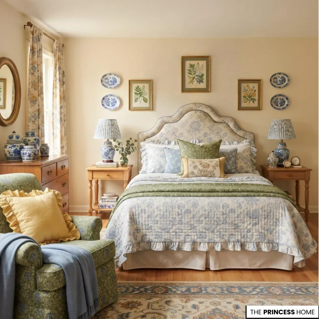 Grandmillennial room using cream, soft blue, botanical green, and warm wood tones