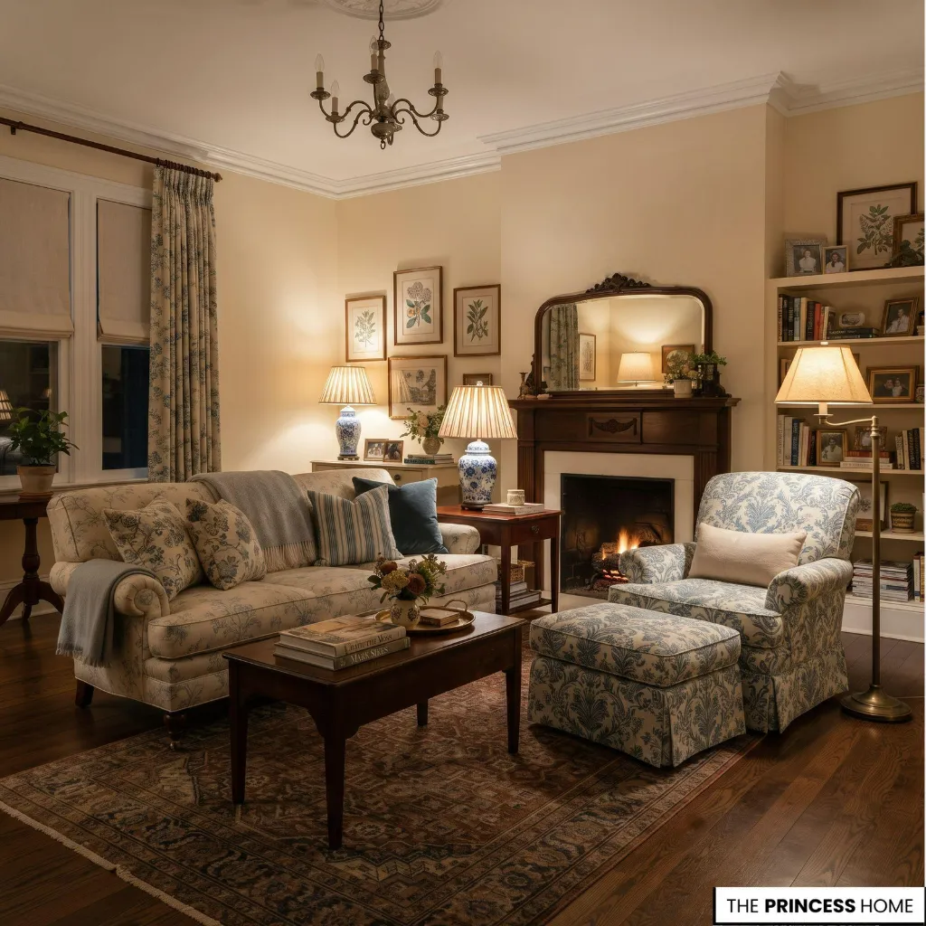 Grandmillennial living room with layered warm lighting from table lamps and floor lamps