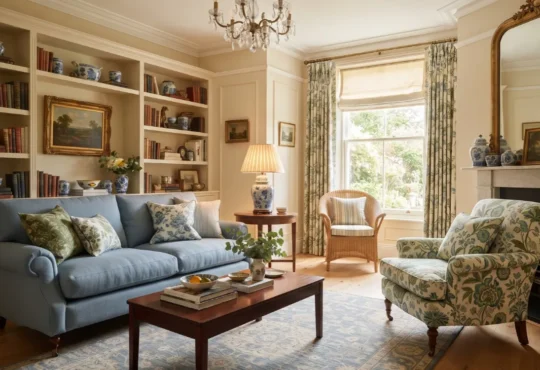 Grandmillennial living room with traditional furniture, floral textiles, wicker, warm colors, and contemporary accents