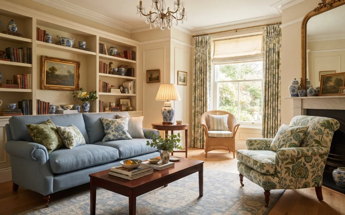 Grandmillennial living room with traditional furniture, floral textiles, wicker, warm colors, and contemporary accents