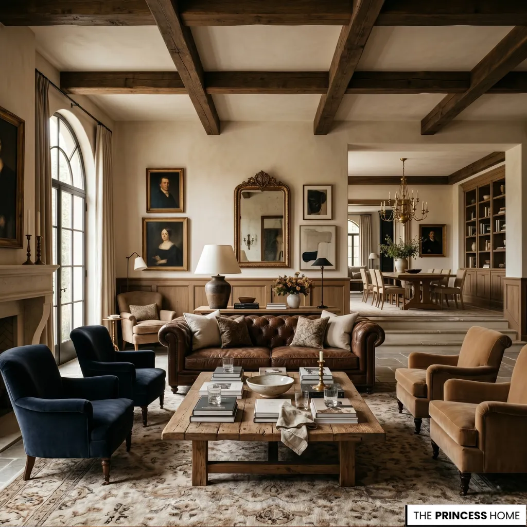 A Ralph Lauren inspired living room showing a quiet empty space with warm cinematic lighting