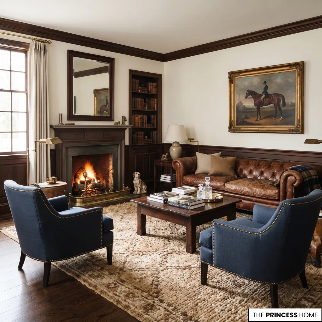 Living room showcasing layered leather, wool, linen, and 60/30/10 color hierarchy.