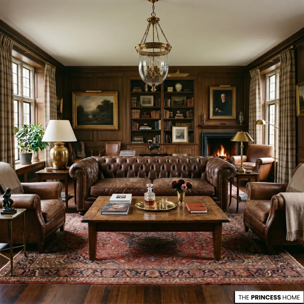 A Ralph Lauren inspired living room with Chesterfield sofa, rug, and warm luxury lighting