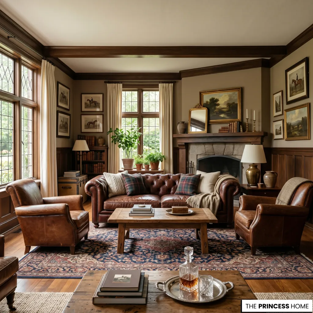 A modern living room with beige walls, a brown leather sofa, and large windows.