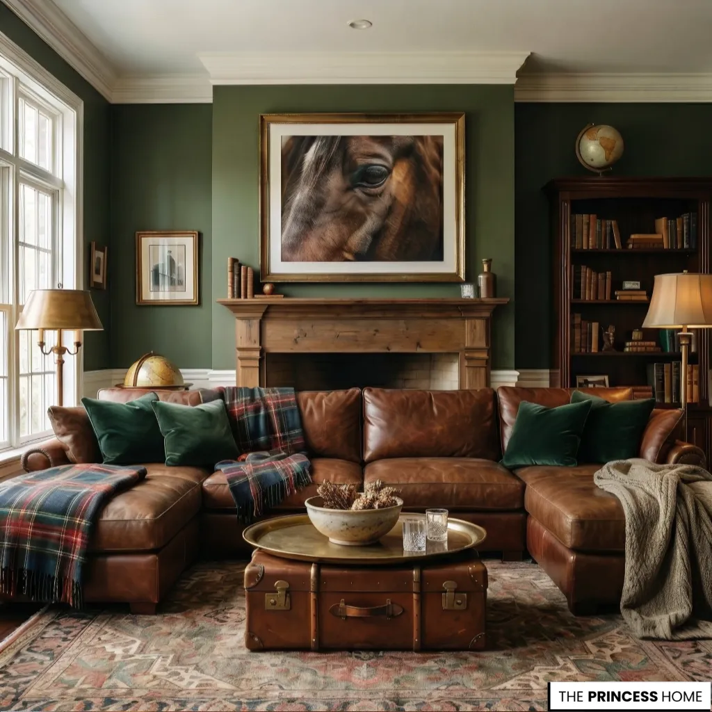 A Ralph Lauren inspired living room showing quiet comfort with soft lighting and elegant textures