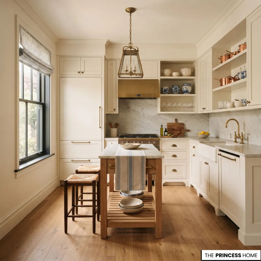 Compact Ralph Lauren-inspired kitchen using a controlled palette, tailored cabinetry, warm wood, and selective traditional details.