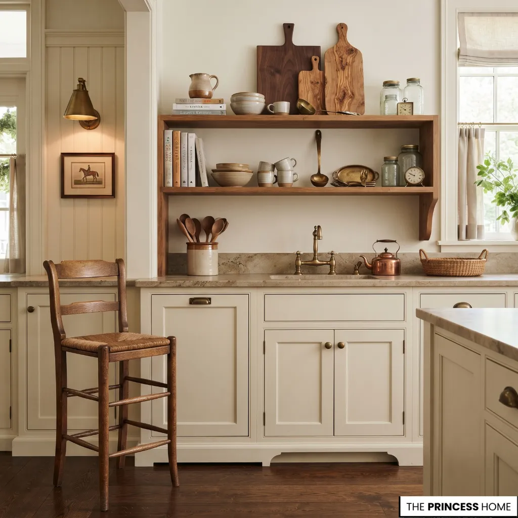 Collected Ralph Lauren-inspired kitchen displaying cookbooks, ceramics, wooden boards, and meaningful everyday objects.