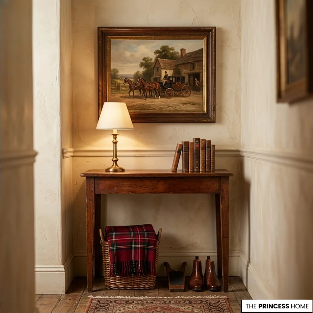 Cozy entryway nook featuring a rustic wooden console table, an antique oil painting of a horse-drawn carriage, a brass table lamp,