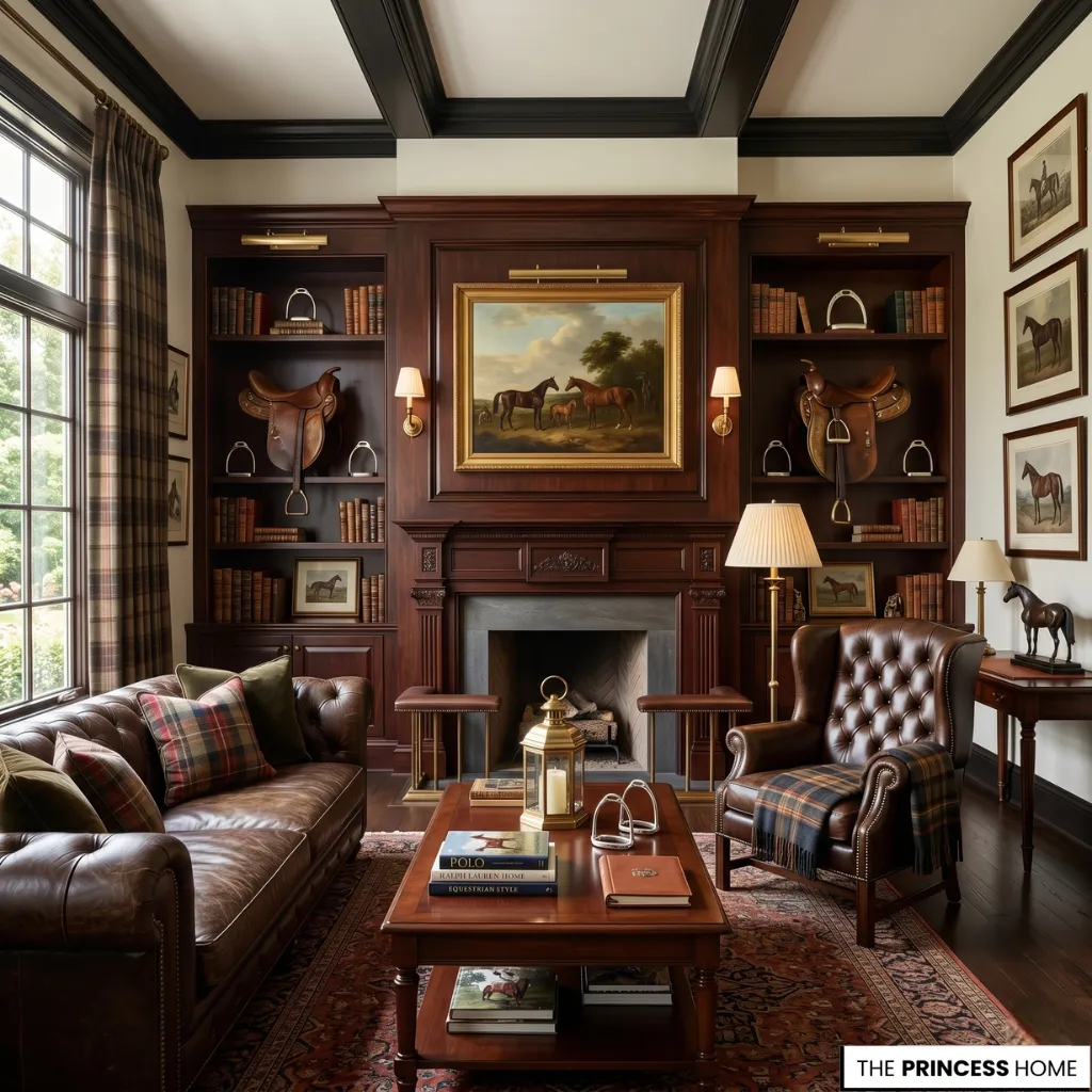 Ralph Lauren living room with a brown leather chesterfield sofa, a tufted wingback chair, an equestrian fireplace painting