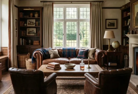 A Ralph Lauren inspired living room with warm textures, leather sofa, and natural luxury lighting