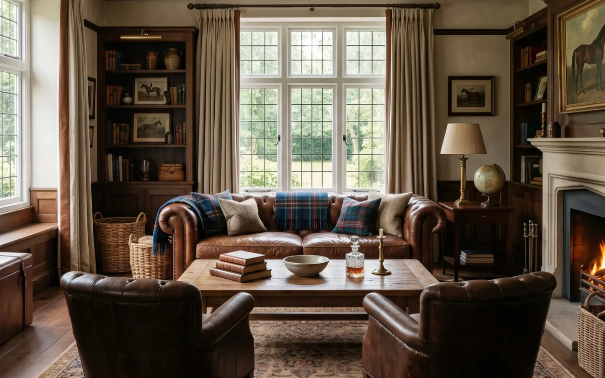 A Ralph Lauren inspired living room with warm textures, leather sofa, and natural luxury lighting