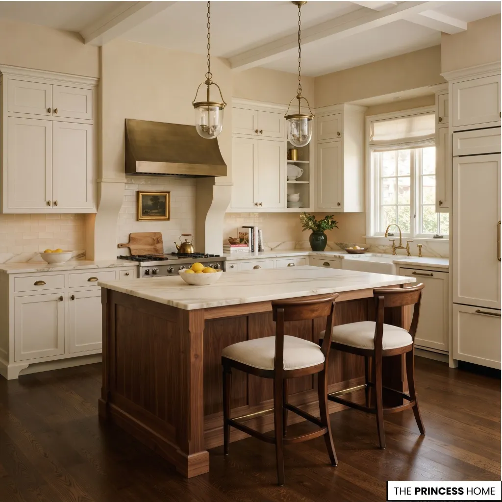 Balanced Ralph Lauren-inspired kitchen with restrained materials, controlled color, comfortable circulation, and edited decoration.