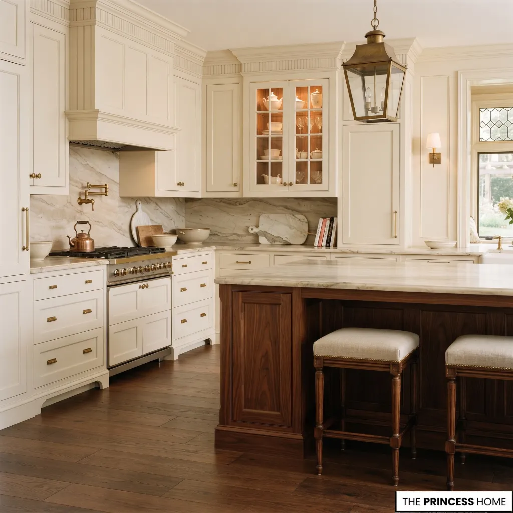 Tailored paneled kitchen cabinetry in warm cream with a contrasting wood island and glass-front sections.