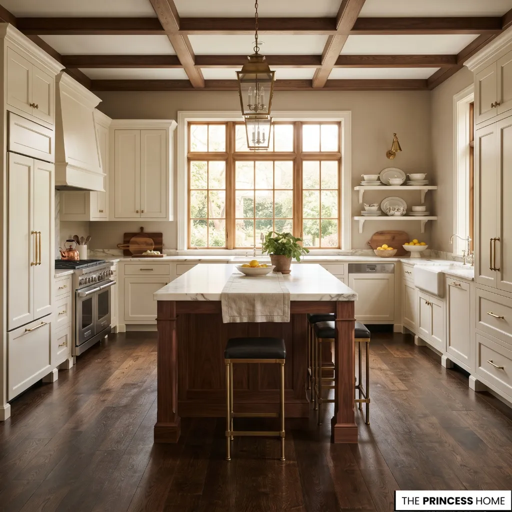 Well-proportioned Ralph Lauren-inspired kitchen with connected cabinetry, island, flooring, windows, and circulation.