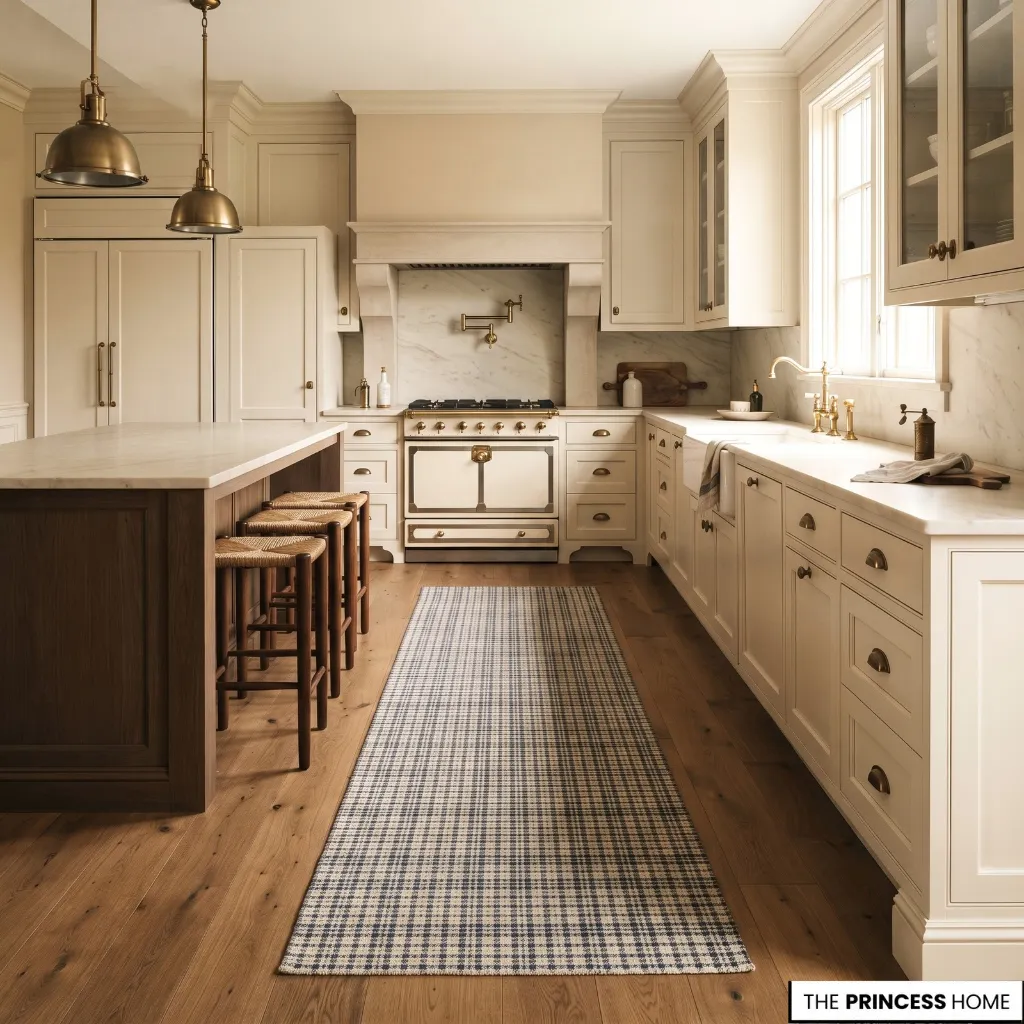 Ralph Lauren-inspired kitchen with a restrained checked runner and subtle heritage textile accents.